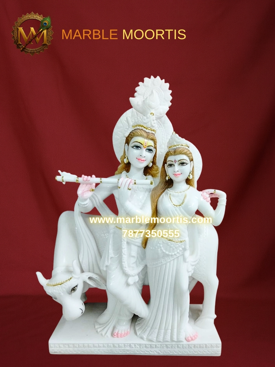 Gau Gopal Marble Murti — Radha Krishna With Cow Marble Idol
