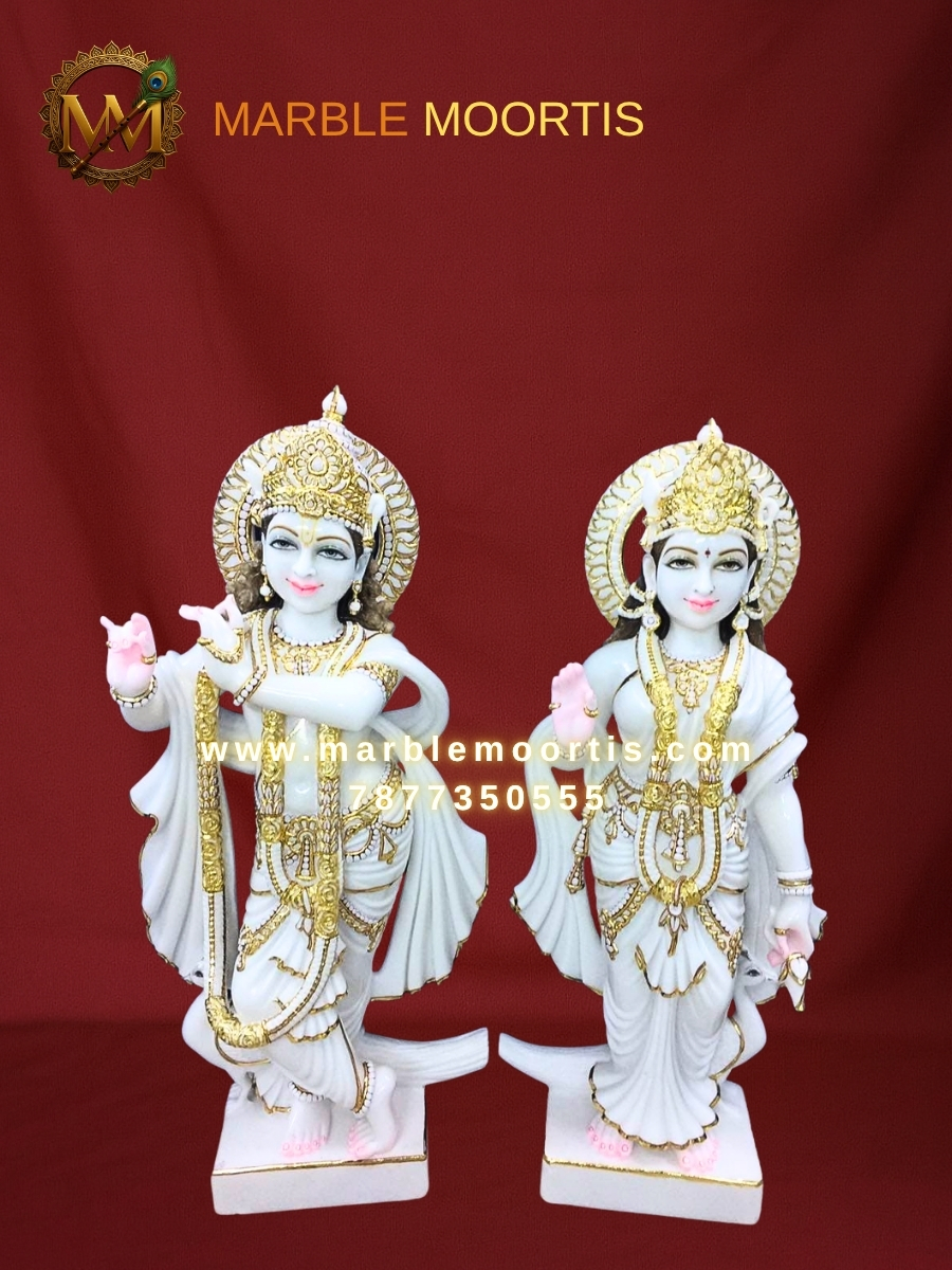 Radha Krishna Marble Idol — Gold Detail Pair